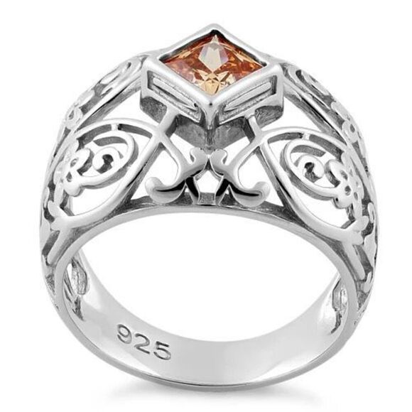 Sterling Silver Fleur-de-lis Flower Champagne CZ Ring New - Picture 3 of 4